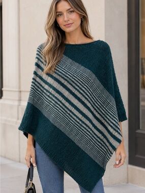 Tarnish Teal and Gray Striped Knit Poncho